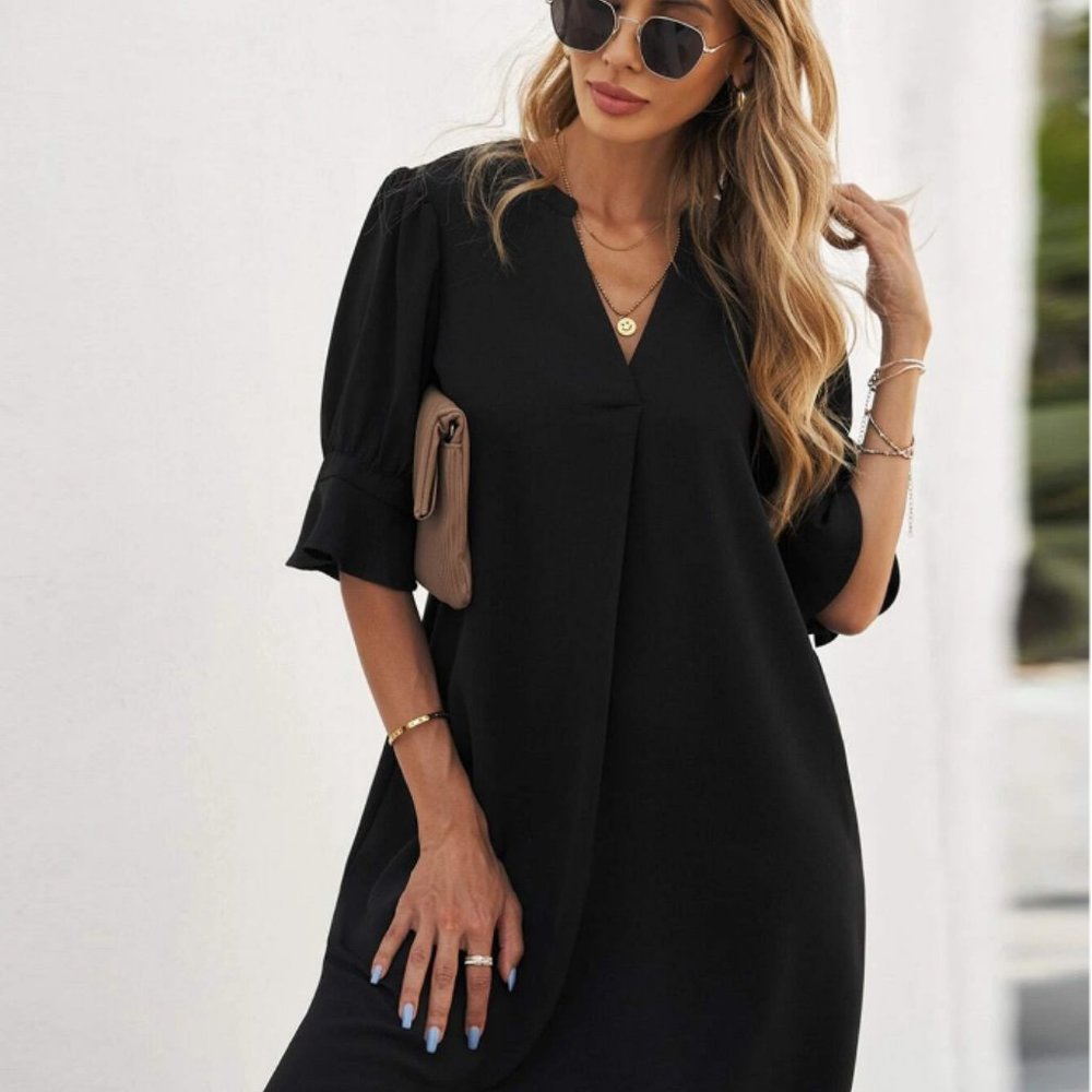 LUNE Notched Neck Flounce Sleeve Tunic Dress - Picture 4 of 5